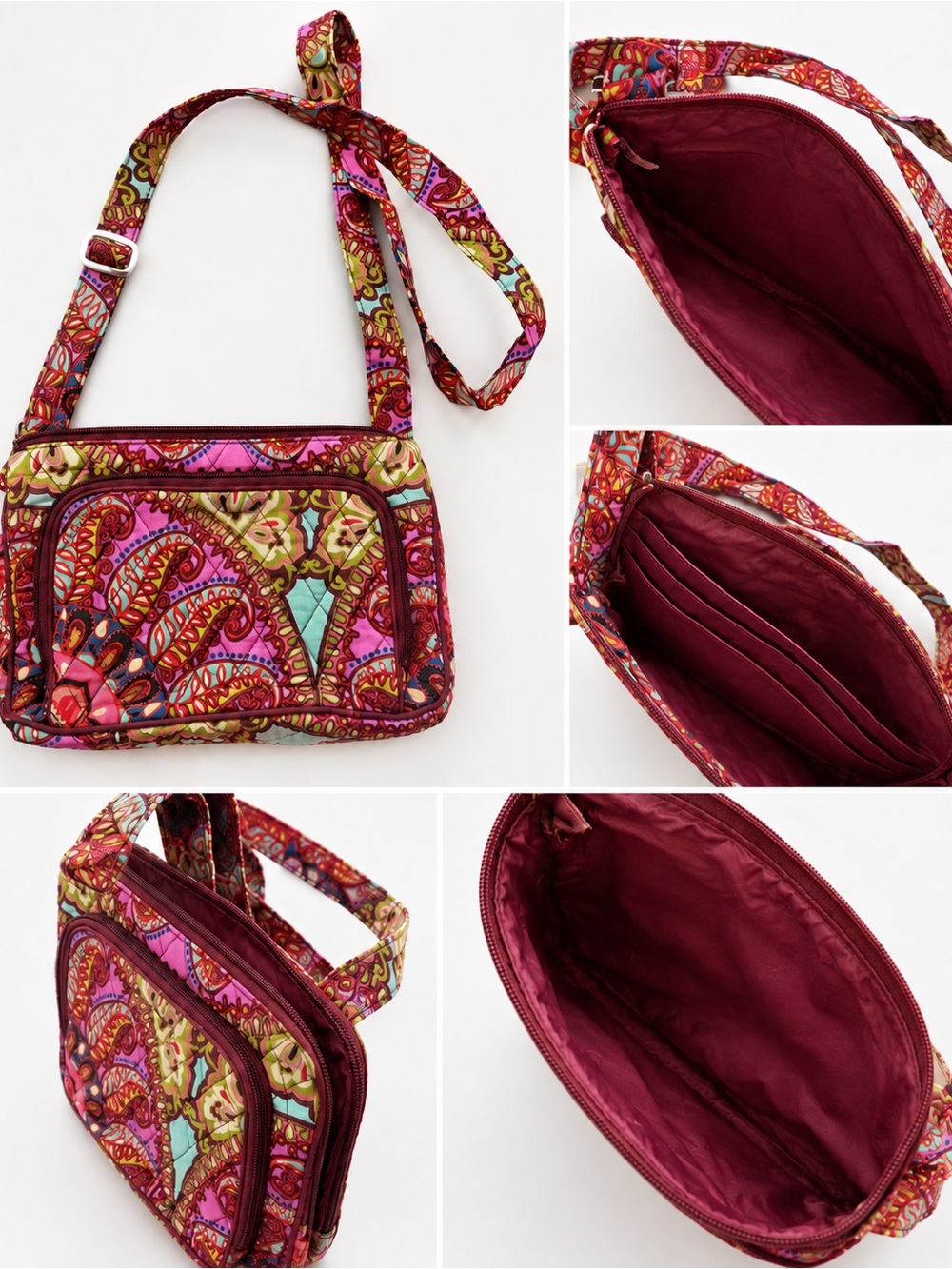 Vera Bradley Quilted Paisley Crossbody in Burgundy, Pink & Aqua